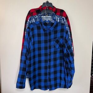 #followme Mens 2XL Flannel Shirt 3-Pack Plaid Buffalo Check Red Blue Long Sleeve